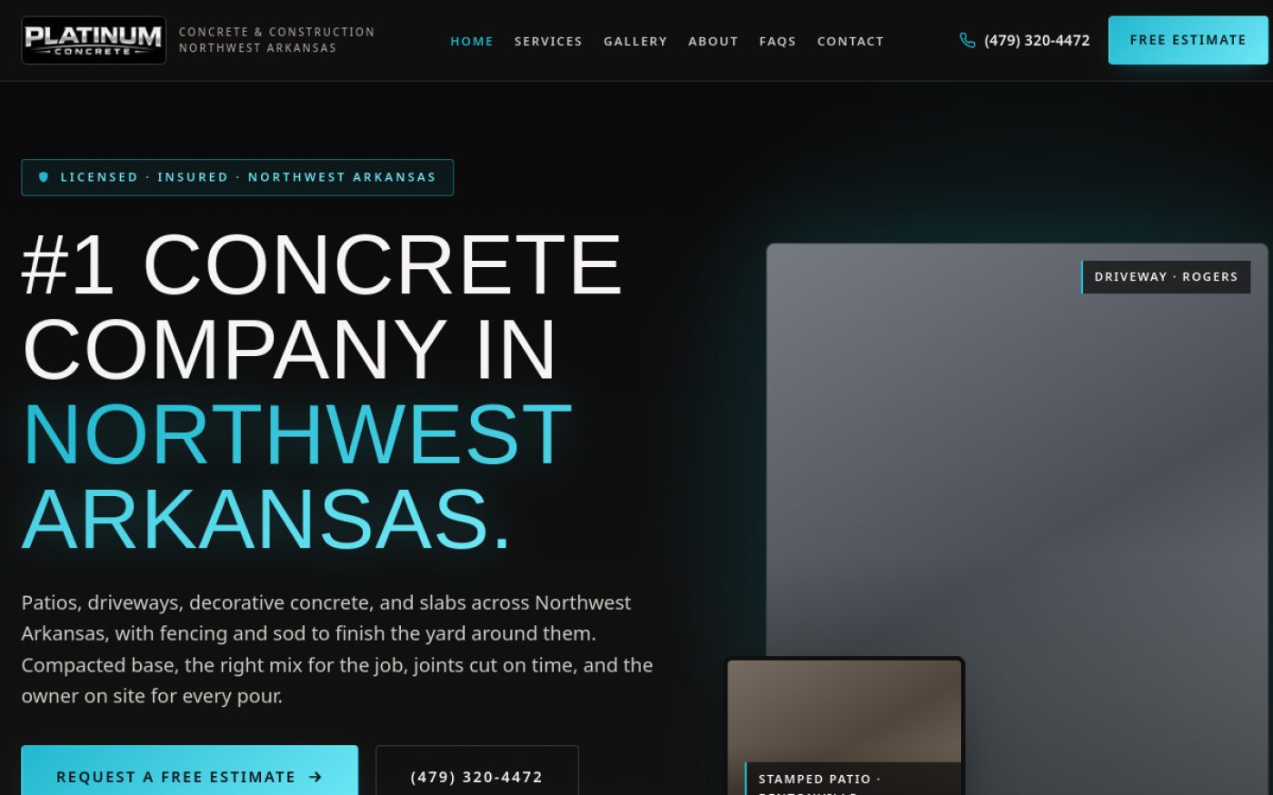 Screenshot of the Platinum Concrete website